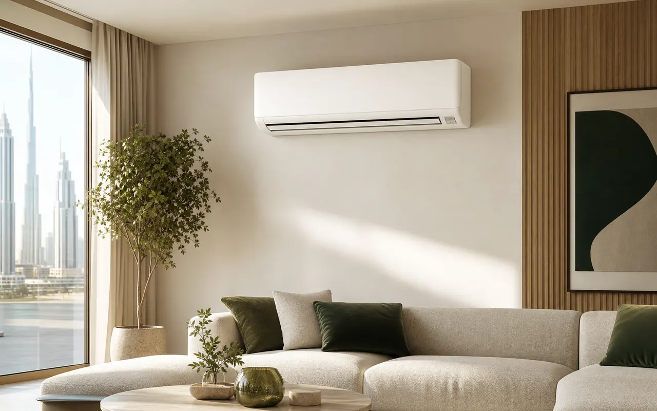 Brand-neutral wall-mounted split air conditioner in a modern living room