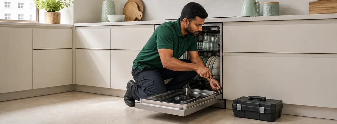 Technician in a green uniform repairing an open dishwasher in a kitchen