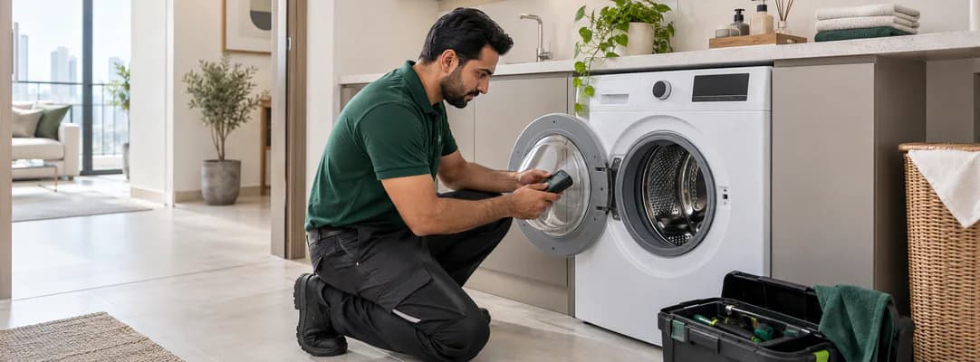 Technician inspecting a front-loading washing machine in a modern Dubai home