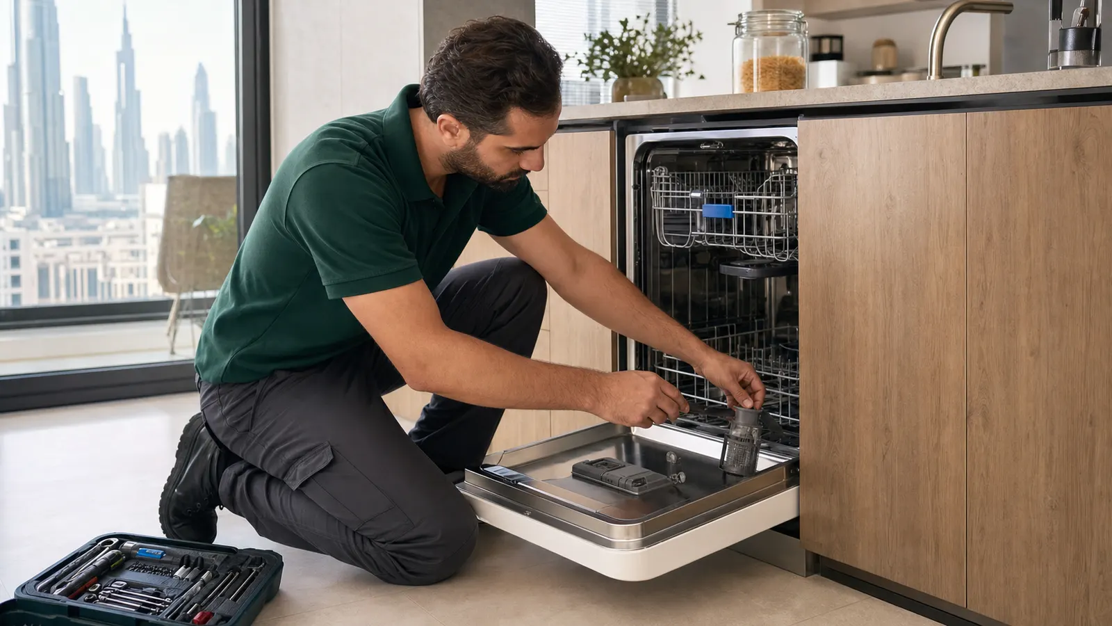 Technician repairing an open built-in dishwasher in a Dubai apartment kitchen