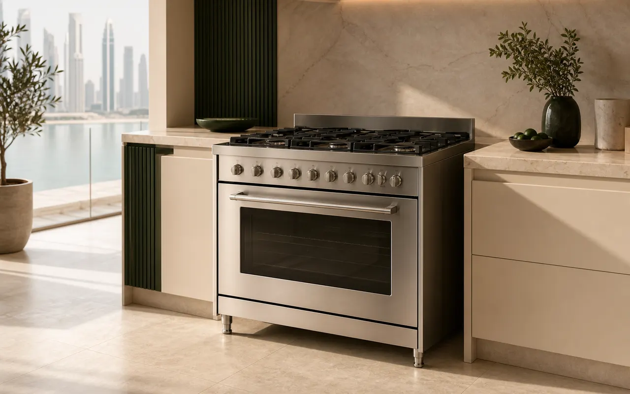 Brand-neutral electric cooker and oven in a modern light kitchen