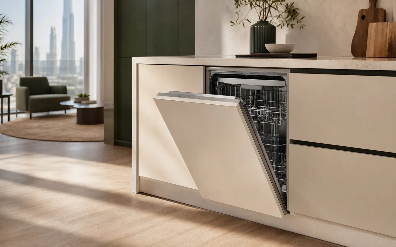 Brand-neutral integrated dishwasher in a modern light kitchen