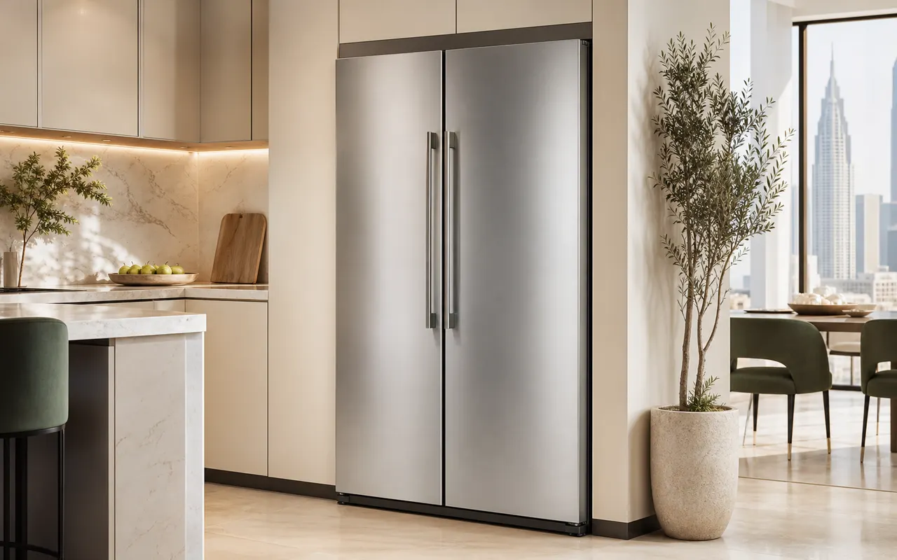 Brand-neutral double-door refrigerator in a modern light kitchen