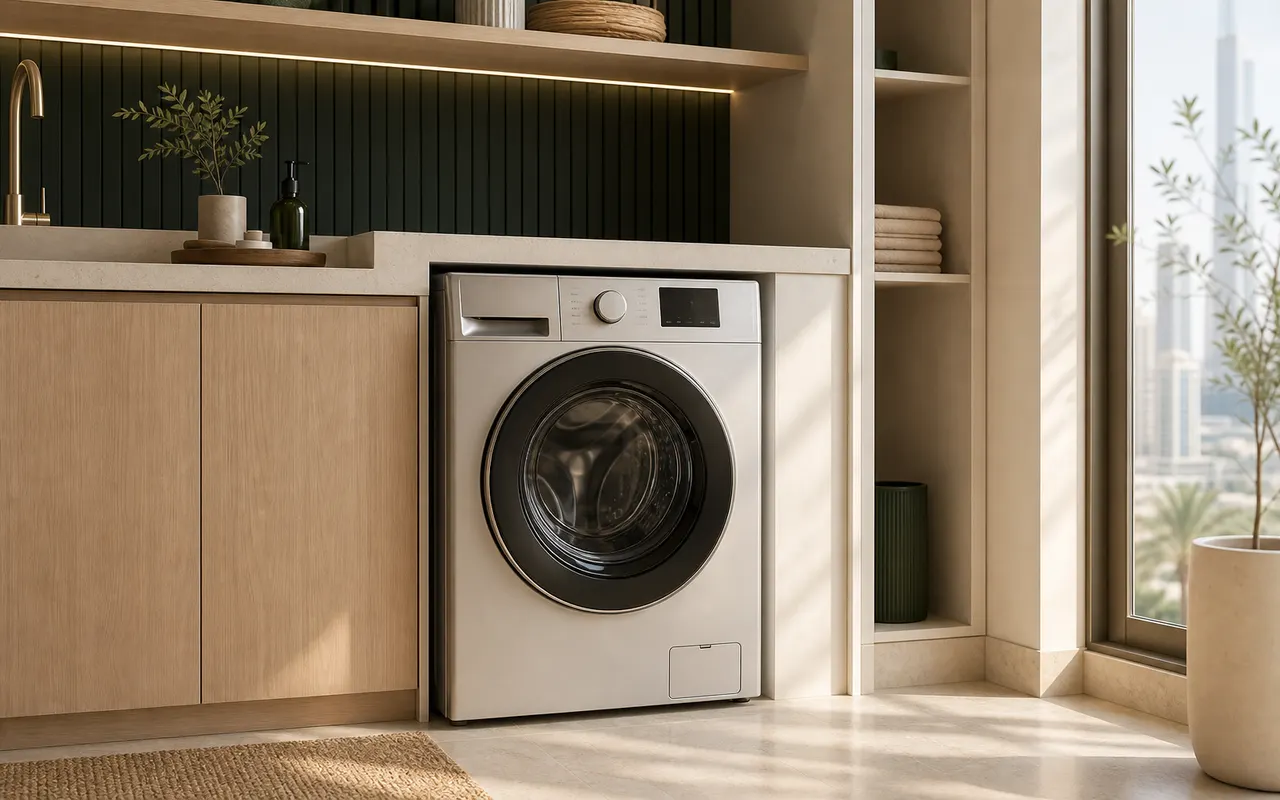 Brand-neutral front-loading washing machine in a modern laundry space