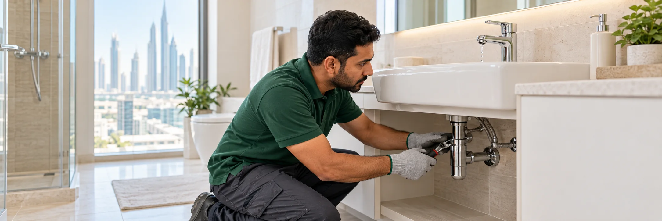 Plumber repairing a leaking basin tap in a modern Dubai apartment bathroom