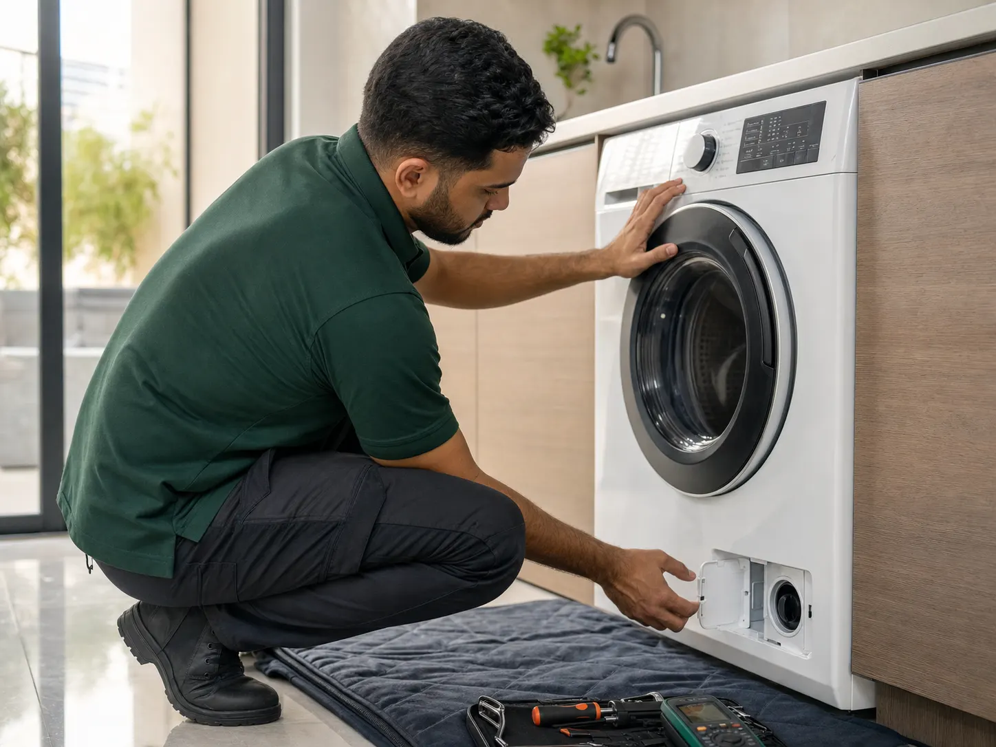QuickFix technician diagnosing a washing machine