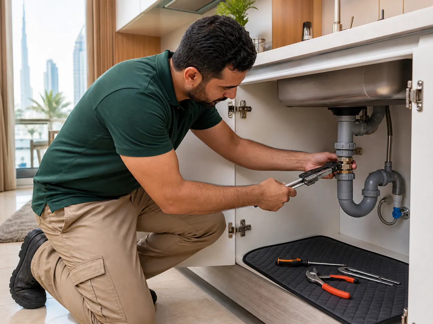 QuickFix technician working on an under-sink plumbing connection